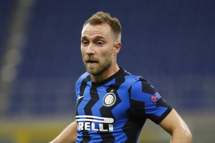 Christian Eriksen Inter Milan's Christian Eriksen controls the ball during the Champions League group B soccer match between Inter Milan and Borussia Moenchangladbach at the San Siro stadium in Milan, Italy, Wednesday, Oct. 21, 2020. hristian Eriksen's short-lived Inter Milan career is expected to end in January. Eriksen only joined Inter at the start of the year but the club's CEO Giuseppe Marotta confirmed on Wednesday that the midfielder is among the players the Nerazzurri are willing to sell. (AP Photo/Luca Bruno)