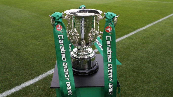 NEWPORT, WALES - AUGUST 27: The Carabao Cup trophy ahead of the Carabao Cup Second Round match between Newport County and West Ham United at Rodney Parade on August 27, 2019 in Newport, Wales. (Photo by Catherine Ivill/Getty Images)