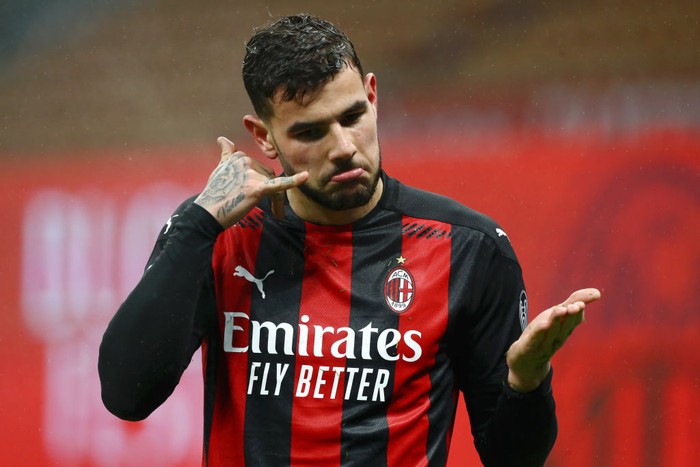 MILAN, ITALY - DECEMBER 23: Theo Hernandez of AC Milan celebrates after scoring their sides third goal during the Serie A match between AC Milan and SS Lazio at Stadio Giuseppe Meazza on December 23, 2020 in Milan, Italy. Sporting stadiums around Italy remain under strict restrictions due to the Coronavirus Pandemic as Government social distancing laws prohibit fans inside venues resulting in games being played behind closed doors. (Photo by Marco Luzzani/Getty Images)
