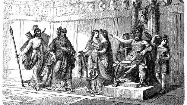 Illustration of a Odin welcomes heroes into Valhalla ,Norse mythology