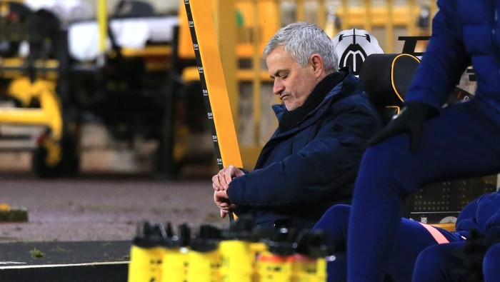 WOLVERHAMPTON, ENGLAND - DECEMBER 27:  Jose Mourinho, Manager of Tottenham Hotspur reacts during the Premier League match between Wolverhampton Wanderers and Tottenham Hotspur at Molineux on December 27, 2020 in Wolverhampton, England. The match will be played without fans, behind closed doors as a Covid-19 precaution. (Photo by Lindsey Parnaby - Pool/Getty Images)