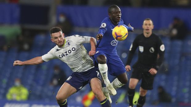 Aston Villa's John McGinn, left, and Chelsea's Callum Hudson-Odoi vie for the ball during the English Premier League soccer match between Chelsea and Aston Villa in London, England, Monday, Dec. 28, 2020. (Catherine Ivill/Pool via AP)