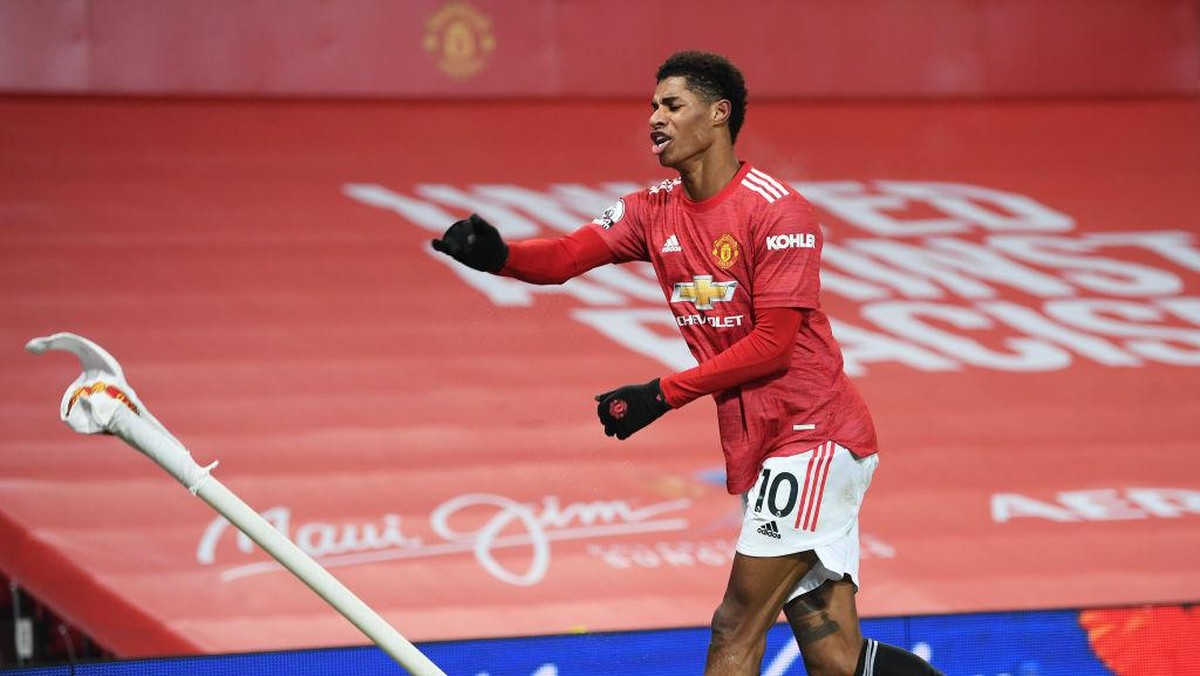 MArcus Rashford bikin gol lagi untuk Manchester United di Olld Trafford.(Foto:(Getty Images/Michael Regan)