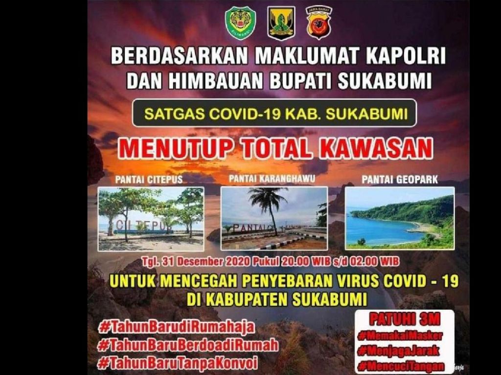 Malam Tahun Baru, Kawasan Wisata di Sukabumi Ditutup Total Malam Tahun Baru, Kawasan Wisata di Sukabumi Ditutup Total
