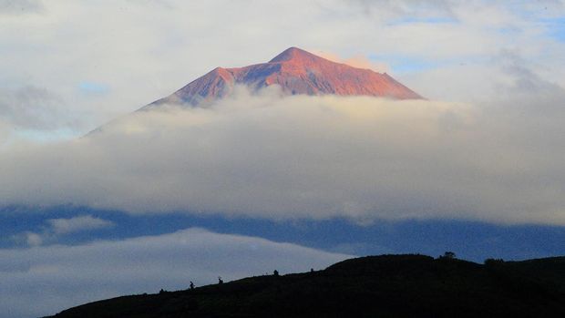Puncak Gunung Kerinci (3805 mdpl) di antara hamparan awan saat matahari terbit pada awal tahun 2021 di Kayu Aro, Kerinci, Jambi, Jumat (1/1/2021). ANTARA FOTO/Wahdi Septiawan/pras.