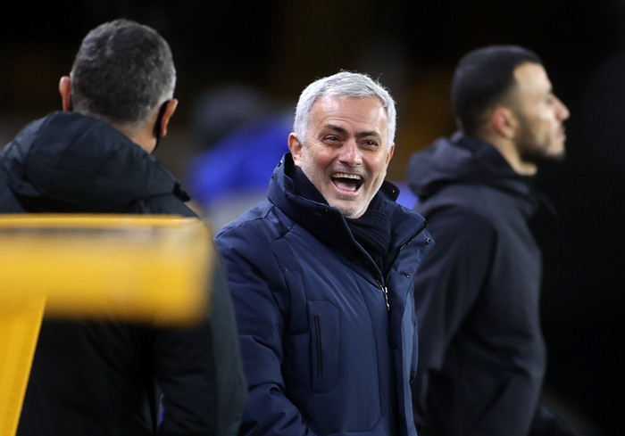 WOLVERHAMPTON, ENGLAND - DECEMBER 27:  Jose Mourinho, Manager of Tottenham Hotspur laughs prior to the Premier League match between Wolverhampton Wanderers and Tottenham Hotspur at Molineux on December 27, 2020 in Wolverhampton, England. The match will be played without fans, behind closed doors as a Covid-19 precaution. (Photo by Carl Recine - Pool/Getty Images)