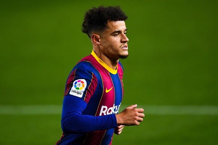 Philippe Coutinho BARCELONA, SPAIN - DECEMBER 13: Philippe Coutinho of FC Barcelona looks on during the La Liga Santader match between FC Barcelona and Levante UD at Camp Nou on December 13, 2020 in Barcelona, Spain. (Photo by David Ramos/Getty Images)