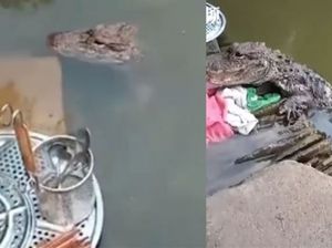 Santuy! Wanita Ini Cuci Piring di Sungai Ditemani Buaya