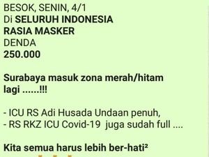 Beredar Pesan Hoaks Razia Masker Denda Rp 250 Ribu dan Surabaya Zona Hitam Beredar Pesan Hoaks Razia Masker Denda Rp 250 Ribu dan Surabaya Zona Hitam