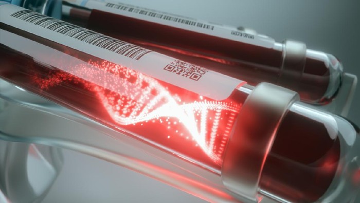 Blood cells, molecule of DNA forming inside the test tube. 3D illustration, conceptual image of science and technology.