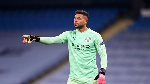 MANCHESTER, ENGLAND - DECEMBER 09: Zack Steffen of Manchester City looks on during the UEFA Champions League Group C stage match between Manchester City and Olympique de Marseille at Etihad Stadium on December 09, 2020 in Manchester, England. (Photo by Laurence Griffiths/Getty Images)