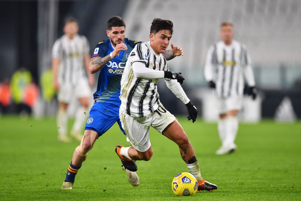 TURIN, ITALY - JANUARY 03: Paulo Dybala of Juventus F.C. celebrates after scoring their team's fourth goal during the Serie A match between Juventus and Udinese Calcio at Allianz Stadium on January 03, 2021 in Turin, Italy. Sporting stadiums around Italy remain under strict restrictions due to the Coronavirus Pandemic as Government social distancing laws prohibit fans inside venues resulting in games being played behind closed doors. (Photo by Valerio Pennicino/Getty Images)