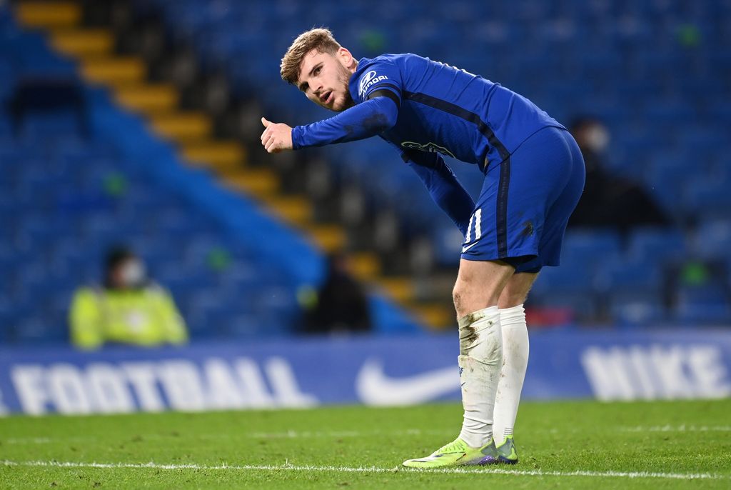 LONDON, ENGLAND - JANUARY 03: Timo Werner of Chelsea looks on as he gestures during the Premier League match between Chelsea and Manchester City at Stamford Bridge on January 03, 2021 in London, England. The match will be played without fans, behind closed doors as a Covid-19 precaution. (Photo by Andy Rain - Pool/Getty Images)