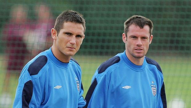 LONDON COLNEY, UNITED KINGDOM - SEPTEMBER 1:  Frank Lampard and Jamie Carragher look on during the England training session at Arsenal's training ground on September 1, 2005 in London Colney, England.  (Photo by Mike Hewitt/Getty Images)