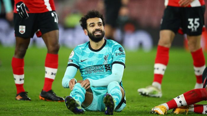 Mohamed Salah SOUTHAMPTON, ENGLAND - JANUARY 04: Mohamed Salah of Liverpool reacts during the Premier League match between Southampton and Liverpool at St Marys Stadium on January 04, 2021 in Southampton, England. The match will be played without fans, behind closed doors as a Covid-19 precaution. (Photo by Michael Steele/Getty Images)