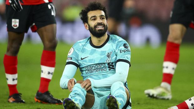 Liverpool's Mohamed Salah reacts during the English Premier League soccer match between Southampton and Liverpool at St Mary's Stadium, Southampton, England, Monday, Jan. 4, 2021. (AP Photo/Michael Steele,Pool)