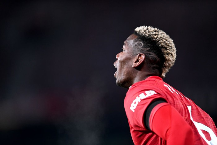 MANCHESTER, ENGLAND - JANUARY 01: Paul Pogba of Manchester United looks on during the Premier League match between Manchester United and Aston Villa at Old Trafford on January 01, 2021 in Manchester, England. (Photo by Laurence Griffiths/Getty Images)