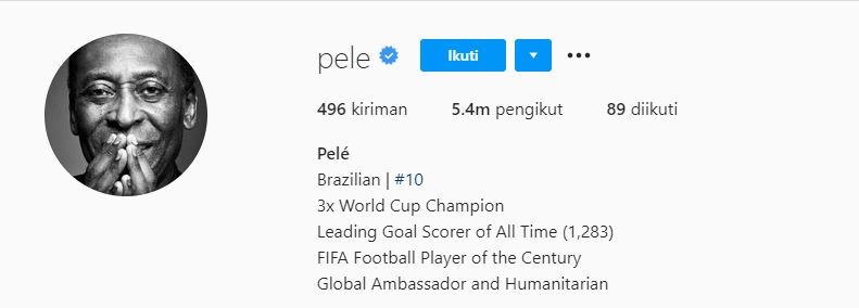 Tangkapan layar biodata Instagram Pele yang mengklaim dirinya masih berstatus pencetak gol terbanyak sepanjang sejarah.