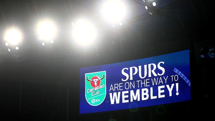 LONDON, ENGLAND - JANUARY 05: A screen inside the stadium  displays a message as Tottenham Hotspur advance to Wembley for the Final after victory during the Carabao Cup Semi Final between Tottenham Hotspur and Brentford at Tottenham Hotspur Stadium on January 05, 2021 in London, England. (Photo by Clive Rose/Getty Images)