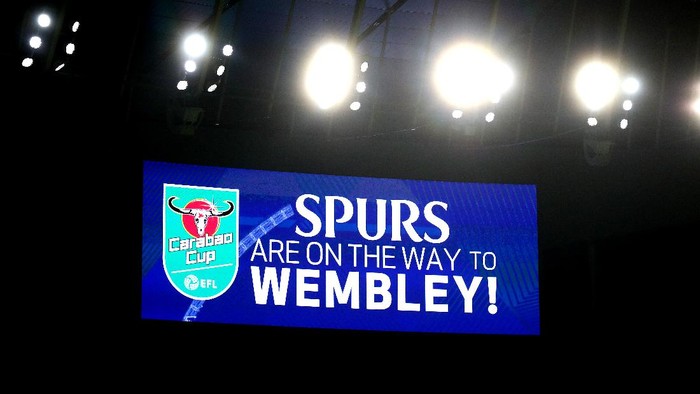 LONDON, ENGLAND - JANUARY 05: A screen inside the stadium  displays a message as Tottenham Hotspur advance to Wembley for the Final after victory during the Carabao Cup Semi Final between Tottenham Hotspur and Brentford at Tottenham Hotspur Stadium on January 05, 2021 in London, England. (Photo by Clive Rose/Getty Images)