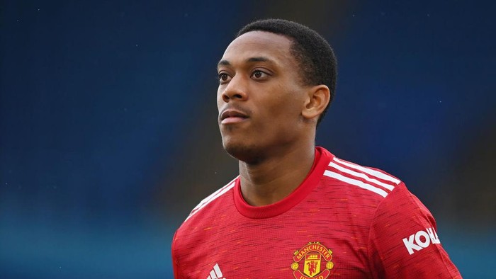 LEICESTER, ENGLAND - DECEMBER 26: Anthony Martial of Manchester United in action during the Premier League match between Leicester City and Manchester United at The King Power Stadium on December 26, 2020 in Leicester, England. The match will be played without fans, behind closed doors as a Covid-19 precaution. (Photo by Michael Regan/Getty Images)