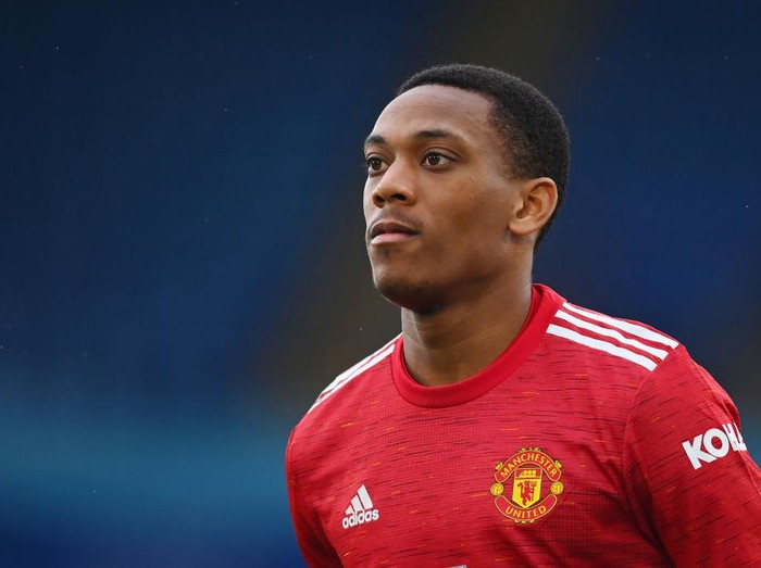 LEICESTER, ENGLAND - DECEMBER 26: Anthony Martial of Manchester United in action during the Premier League match between Leicester City and Manchester United at The King Power Stadium on December 26, 2020 in Leicester, England. The match will be played without fans, behind closed doors as a Covid-19 precaution. (Photo by Michael Regan/Getty Images)