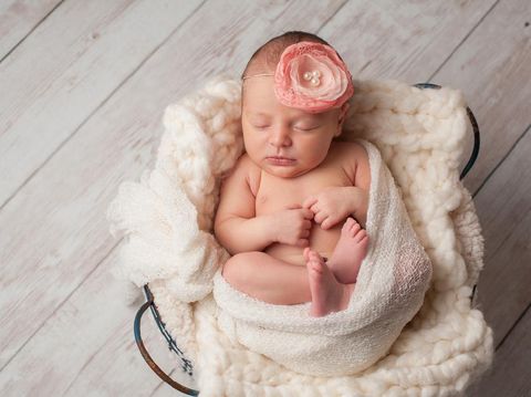 Adorable two months baby girl relaxing in bedroom on knitted blanket on a sunny morning