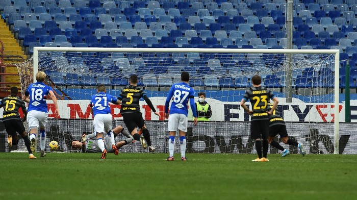 Genoa, Italy January 6: Emil Audero goalkeeper of UC Sampdoria saves the penalty taken by Alexix Sanchez of FC Internazionale during the Serie A match between UC Sampdoria and FC Internazionale at Stadio Luigi Ferraris on January 6, 2021 in Genoa, Italy. (Photo by Paolo Rattini/Getty Images)