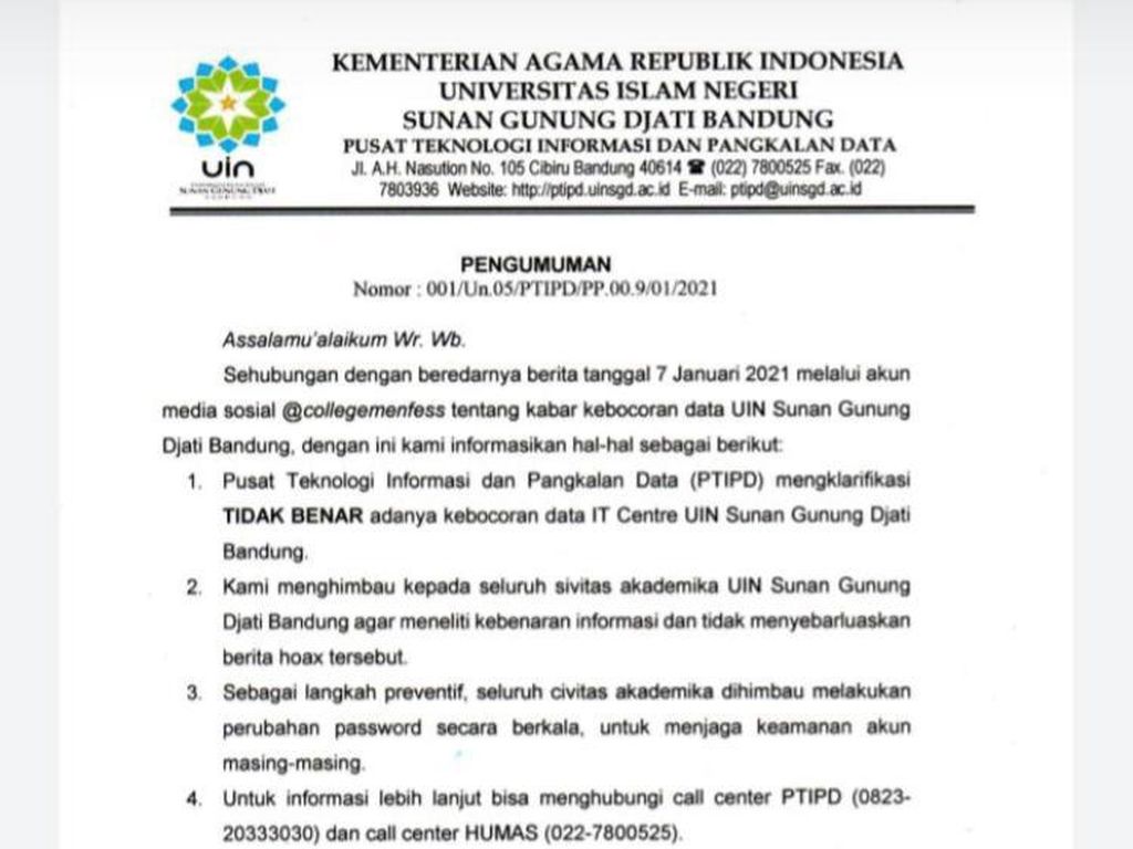 UIN Bandung Bantah Data Pribadi Mahasiswanya Bocor