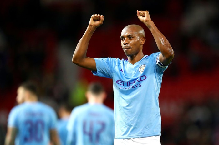 MANCHESTER, ENGLAND - JANUARY 07: Fernandinho of Manchester City celebrates victory after the Carabao Cup Semi Final match between Manchester United and Manchester City at Old Trafford on January 07, 2020 in Manchester, England. (Photo by Michael Steele/Getty Images)