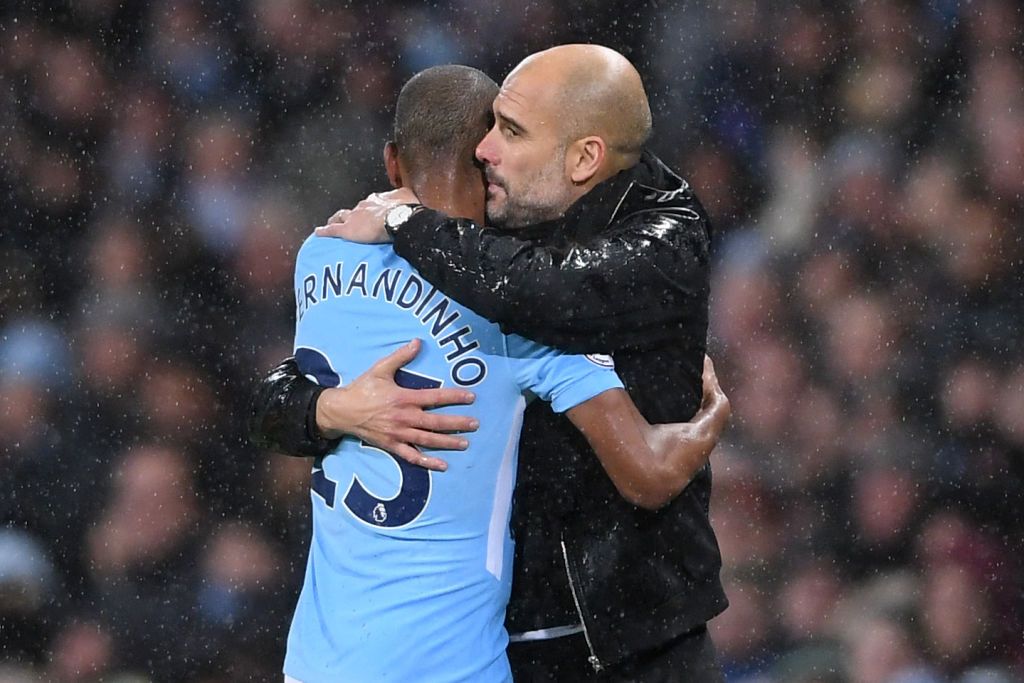 MANCHESTER, ENGLAND - JANUARY 07: Fernandinho of Manchester City celebrates victory after the Carabao Cup Semi Final match between Manchester United and Manchester City at Old Trafford on January 07, 2020 in Manchester, England. (Photo by Michael Steele/Getty Images)