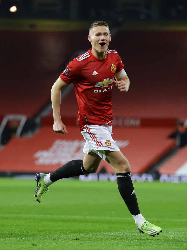 MANCHESTER, ENGLAND - JANUARY 09: Scott McTominay of Manchester United celebrates after scoring their team's first goal during the FA Cup Third Round match between Manchester United and Watford at Old Trafford on January 09, 2021 in Manchester, England. The match will be played without fans, behind closed doors as a Covid-19 precaution. (Photo by Richard Heathcote/Getty Images)