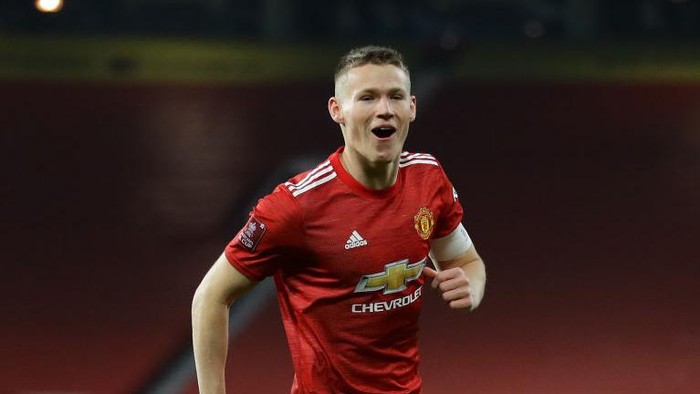 MANCHESTER, ENGLAND - JANUARY 09: Scott McTominay of Manchester United celebrates after scoring their teams first goal during the FA Cup Third Round match between Manchester United and Watford at Old Trafford on January 09, 2021 in Manchester, England. The match will be played without fans, behind closed doors as a Covid-19 precaution. (Photo by Richard Heathcote/Getty Images)