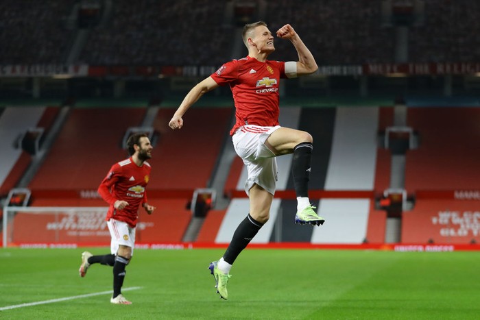 MANCHESTER, ENGLAND - JANUARY 09: Scott McTominay of Manchester United celebrates after scoring their teams first goal during the FA Cup Third Round match between Manchester United and Watford at Old Trafford on January 09, 2021 in Manchester, England. The match will be played without fans, behind closed doors as a Covid-19 precaution. (Photo by Richard Heathcote/Getty Images)