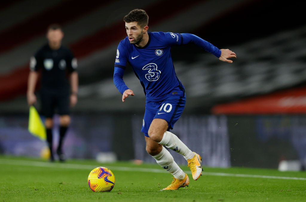 LONDON, ENGLAND - DECEMBER 28: Christian Pulisic of Chelsea in action during the Premier League match between Chelsea and Aston Villa at Stamford Bridge on December 28, 2020 in London, England. (Photo by Richard Heathcote/Getty Images)