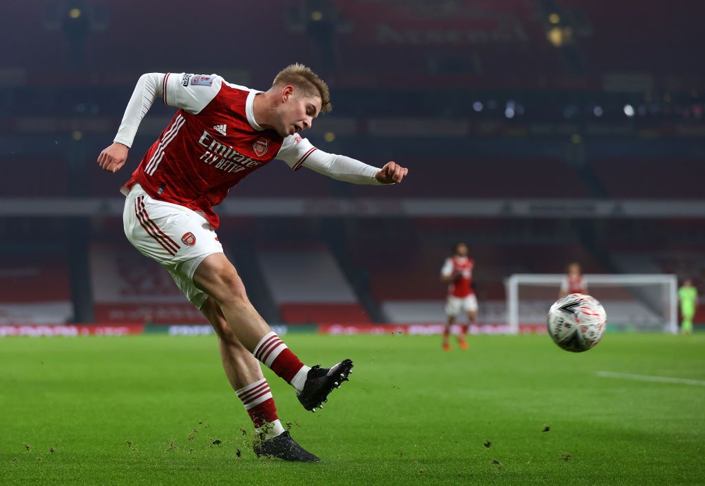 LONDON, ENGLAND - JANUARY 09: Emile Smith Rowe of Arsenal celebrates after scoring their sides first goal during the FA Cup Third Round match between Arsenal and Newcastle United at Emirates Stadium on January 09, 2021 in London, England. The match will be played without fans, behind closed doors as a Covid-19 precaution. (Photo by Julian Finney/Getty Images)