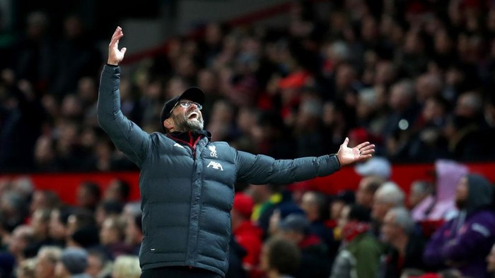 MANCHESTER, ENGLAND - OCTOBER 20: Jurgen Klopp manager of Liverpool reacts during the Premier League match between Manchester United and Liverpool FC at Old Trafford on October 20, 2019 in Manchester, United Kingdom. (Photo by Catherine Ivill/Getty Images)