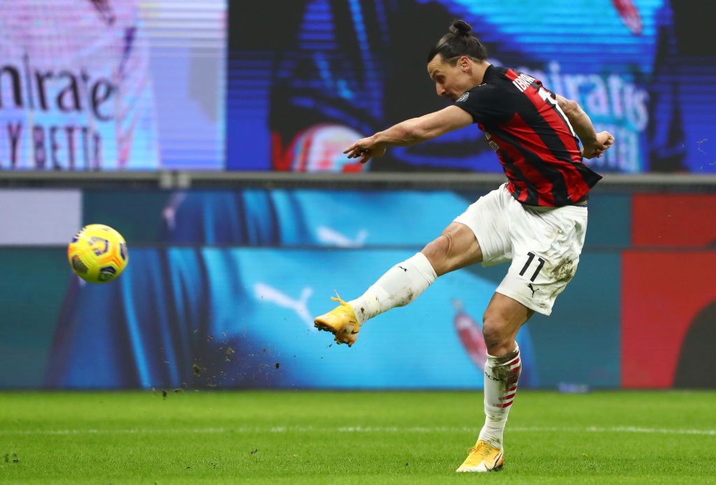 MILAN, ITALY - JANUARY 12: Zlatan Ibrahimovic of A.C. Milan shoots during the Coppa Italia match between AC Milan and Torino FC at Stadio Giuseppe Meazza on January 12, 2021 in Milan, Italy. Sporting stadiums around Italy remain under strict restrictions due to the Coronavirus Pandemic as Government social distancing laws prohibit fans inside venues resulting in games being played behind closed doors. (Photo by Marco Luzzani/Getty Images)