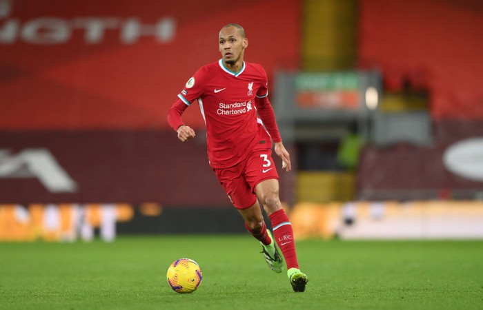 LIVERPOOL, ENGLAND - DECEMBER 27: Liverpool player Fabinho in action during the Premier League match between Liverpool and West Bromwich Albion at Anfield on December 27, 2020 in Liverpool, England. (Photo by Stu Forster/Getty Images)