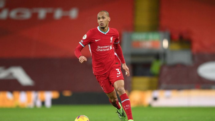 LIVERPOOL, ENGLAND - DECEMBER 27: Liverpool player Fabinho in action during the Premier League match between Liverpool and West Bromwich Albion at Anfield on December 27, 2020 in Liverpool, England. (Photo by Stu Forster/Getty Images)