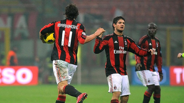 MILAN, ITALY - JANUARY 09:  Zlatan Ibrahimovic (L) of AC Milan celebrates a goal with Pato during the Serie A match between AC Milan and Udinese Calcio at Stadio Giuseppe Meazza on January 9, 2011 in Milan, Italy.  (Photo by Valerio Pennicino/Getty Images)