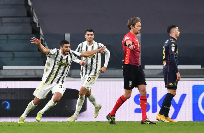 TURIN, ITALY - JANUARY 13: Hamza Rafia of Juventus F.C. celebrates after scoring their teams third goal during the Coppa Italia match between Juventus and Genoa CFC at Allianz Stadium on January 13, 2021 in Turin, Italy. Sporting stadiums around Italy remain under strict restrictions due to the Coronavirus Pandemic as Government social distancing laws prohibit fans inside venues resulting in games being played behind closed doors. (Photo by Valerio Pennicino/Getty Images)