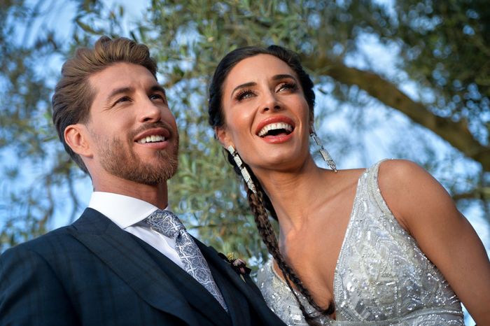 Pilar Rubio SEVILLE, SPAIN - JUNE 15: The bride Pilar Rubio and the groom Sergio Ramos pose before the wedding party
on June 15, 2019 in Seville, Spain. (Photo by Aitor Alcalde/Getty Images)