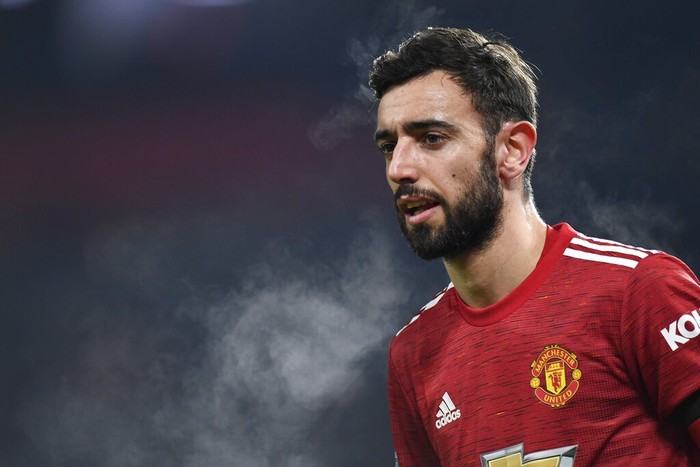 Manchester Uniteds Bruno Fernandes is seen during the English League Cup semifinal soccer match between Manchester United and Manchester City at Old Trafford in Manchester, England, Wednesday, Jan. 6, 2021. (Peter Powell/Pool via AP)