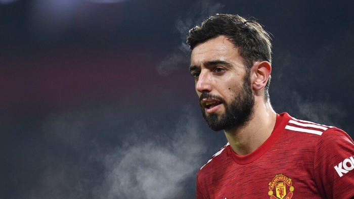 Manchester Uniteds Bruno Fernandes is seen during the English League Cup semifinal soccer match between Manchester United and Manchester City at Old Trafford in Manchester, England, Wednesday, Jan. 6, 2021. (Peter Powell/Pool via AP)