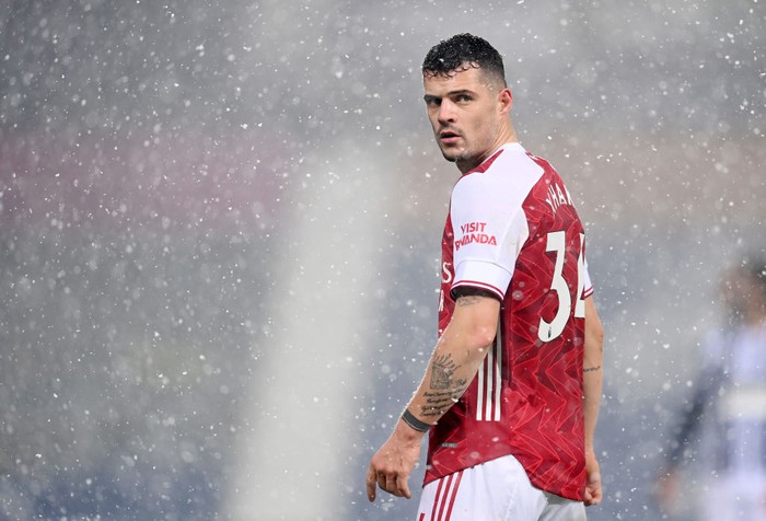WEST BROMWICH, ENGLAND - JANUARY 02: Granit Xhaka of Arsenal looks on during the Premier League match between West Bromwich Albion and Arsenal at The Hawthorns on January 02, 2021 in West Bromwich, England. The match will be played without fans, behind closed doors as a Covid-19 precaution. (Photo by Michael Regan/Getty Images)