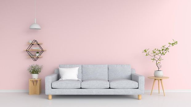 Gray sofa in pink living room and blank space for mockup, 3D rendering