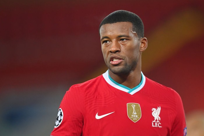 LIVERPOOL, ENGLAND - DECEMBER 01: Georginio Wijnaldum of Liverpool looks on during the UEFA Champions League Group D stage match between Liverpool FC and Ajax Amsterdam at Anfield on December 01, 2020 in Liverpool, England. Sporting stadiums around the UK remain under strict restrictions due to the Coronavirus Pandemic as Government social distancing laws prohibit fans inside venues resulting in games being played behind closed doors. (Photo by Michael Regan/Getty Images)