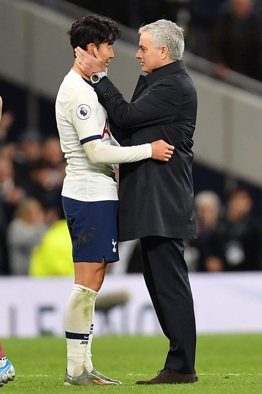 LONDON, ENGLAND - DECEMBER 07: Jose Mourinho, Manager of Tottenham Hotspur embraces Heung-Min Son of Tottenham Hotspur following victory in the Premier League match between Tottenham Hotspur and Burnley FC at Tottenham Hotspur Stadium on December 07, 2019 in London, United Kingdom. (Photo by Justin Setterfield/Getty Images)