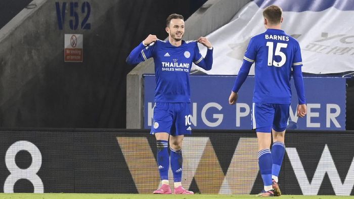 james maddison leicester city liga inggris premier league Leicesters James Maddison celebrates after scoring his teams second goal during the English Premier League soccer match between Leicester City and Chelsea at the King Power Stadium in Leicester, England, Tuesday, Jan. 19, 2021. (Michael Regan/Pool via AP)